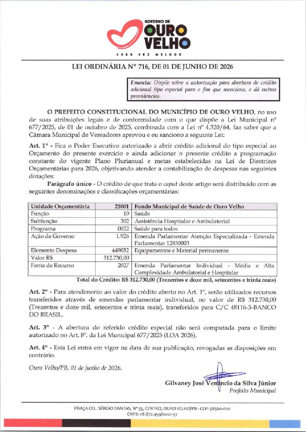 Lei Ordinária nº 716.2026 Abertura de Crédito Especial Emenda Parlamentar Atenção Especializada Sec. de Saúde