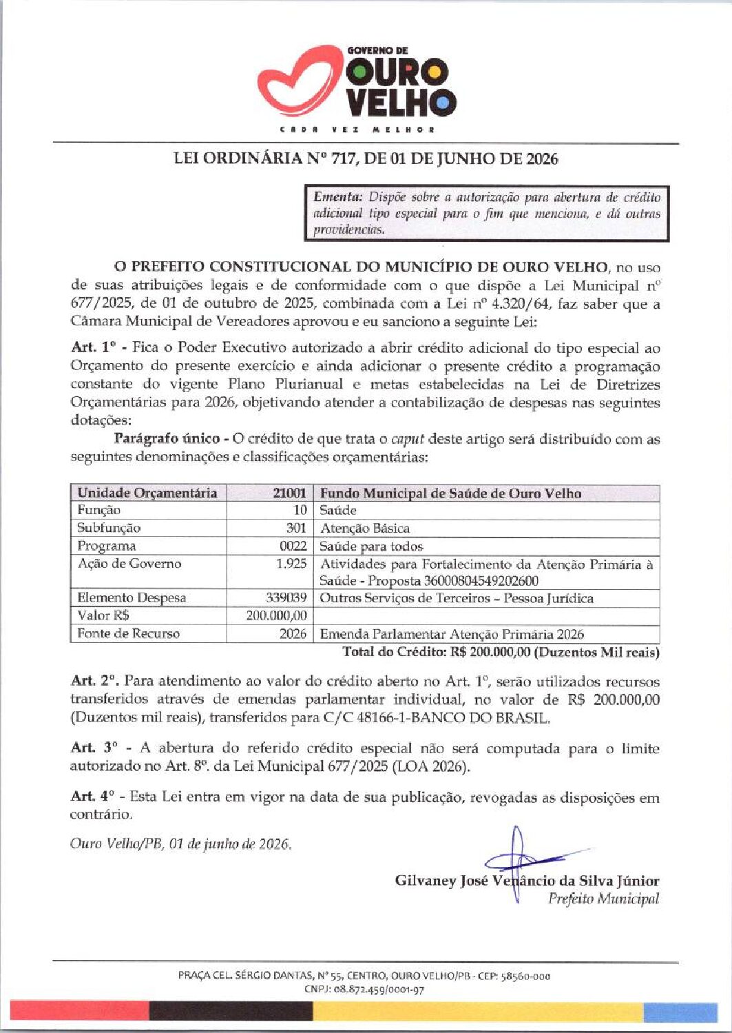 Lei Ordinária nº 717.2026 Abertura de Crédito Especial Emenda Parlamentar Atenção Básica Sec. de Saúde