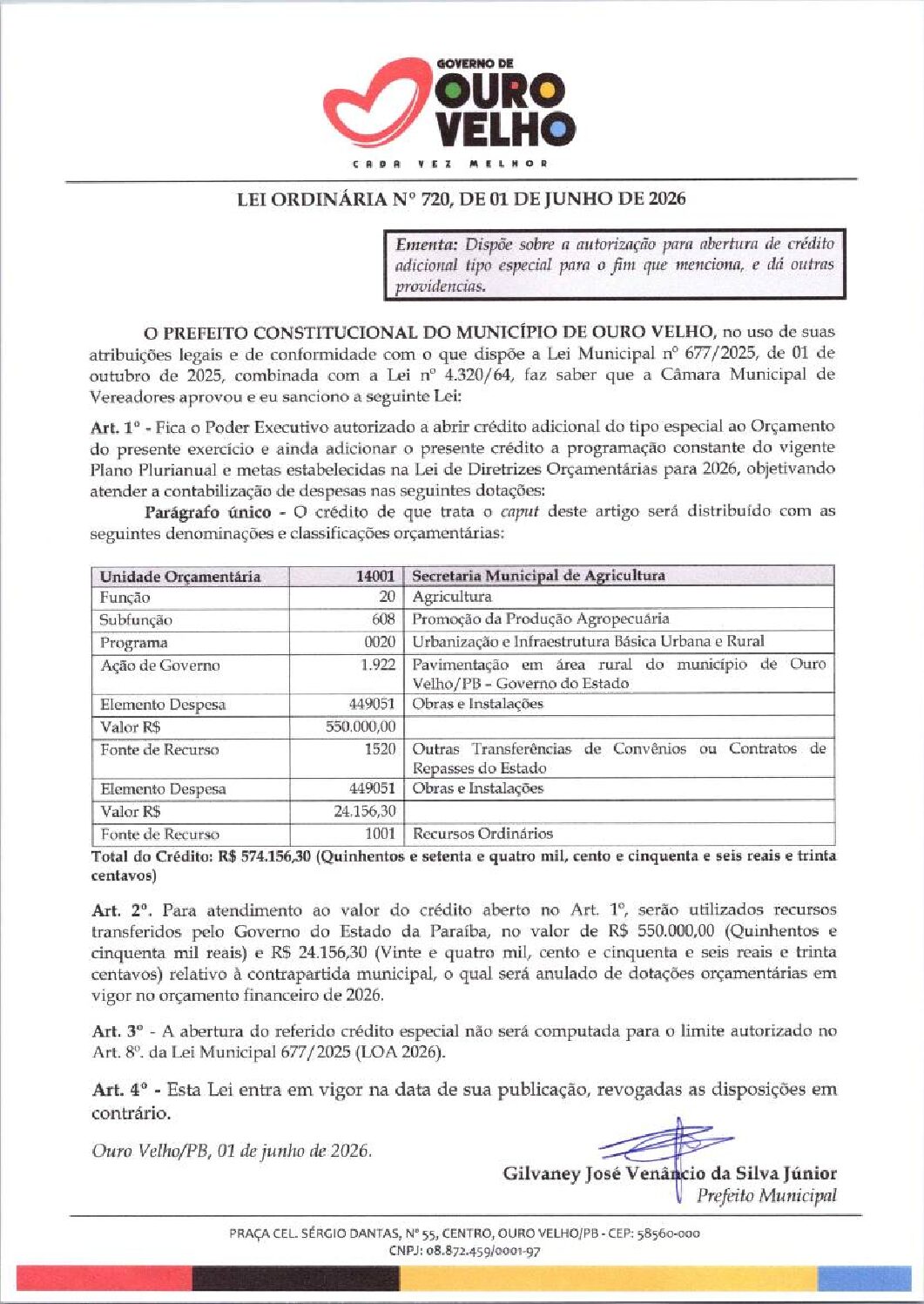 Lei Ordinária nº 720.2026 Abertura de Crédito Especial Pavimentação Rural (Estadual) Sec. de Agricultura