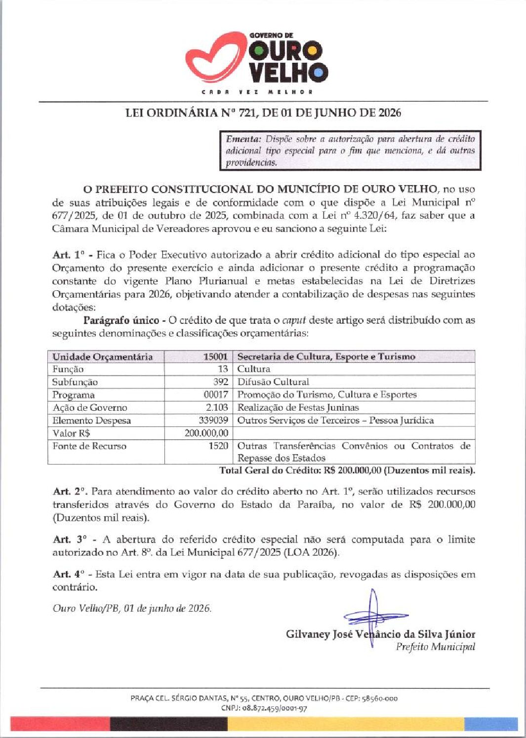 Lei Ordinária nº 721.2026 Abertura de Crédito Especial Festas Juninas (Estado) Sec. Cultura