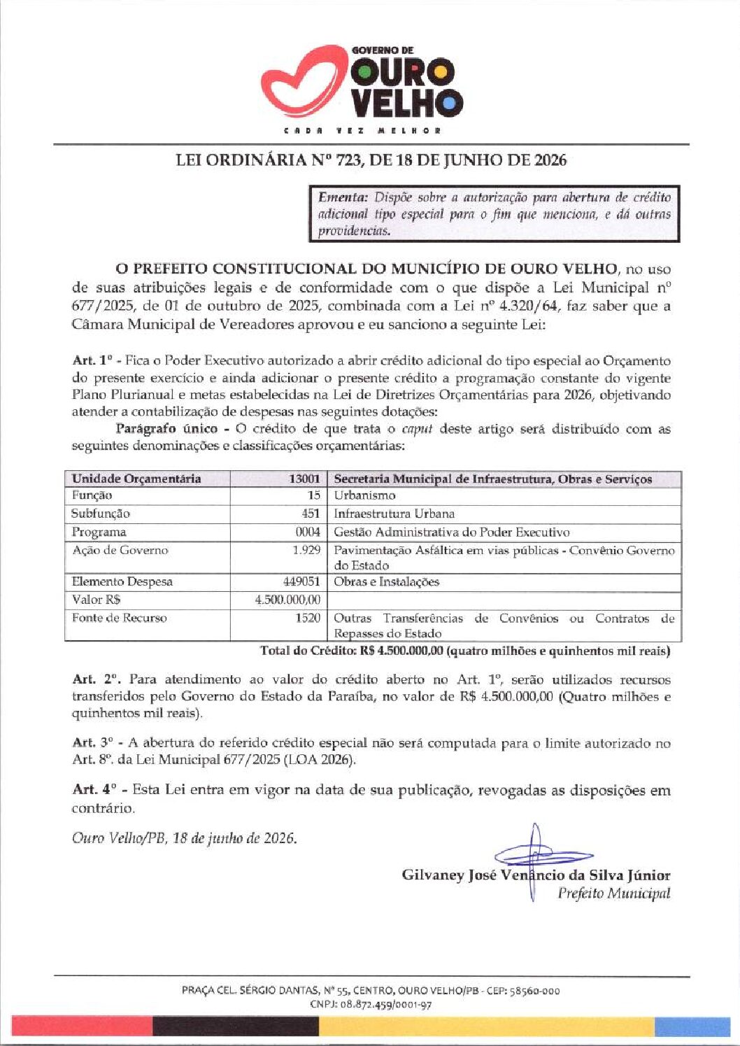 Lei Ordinária nº 723.2026 Abertura de Crédito Especial Pavimentação Asfáltica Vias Urbanas (Estado) Sec. Serv. Urbanos