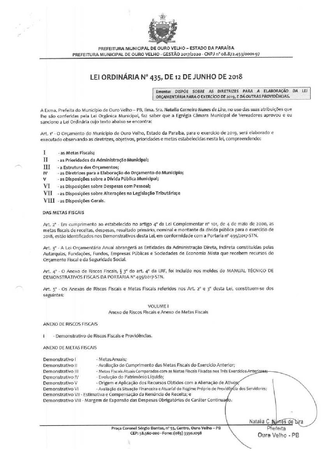 LEI ORDINÁRIA Nº 435 DE 12 DE JUNHO DE 2018 LDO PARA EXERCÍCIO DE 2019