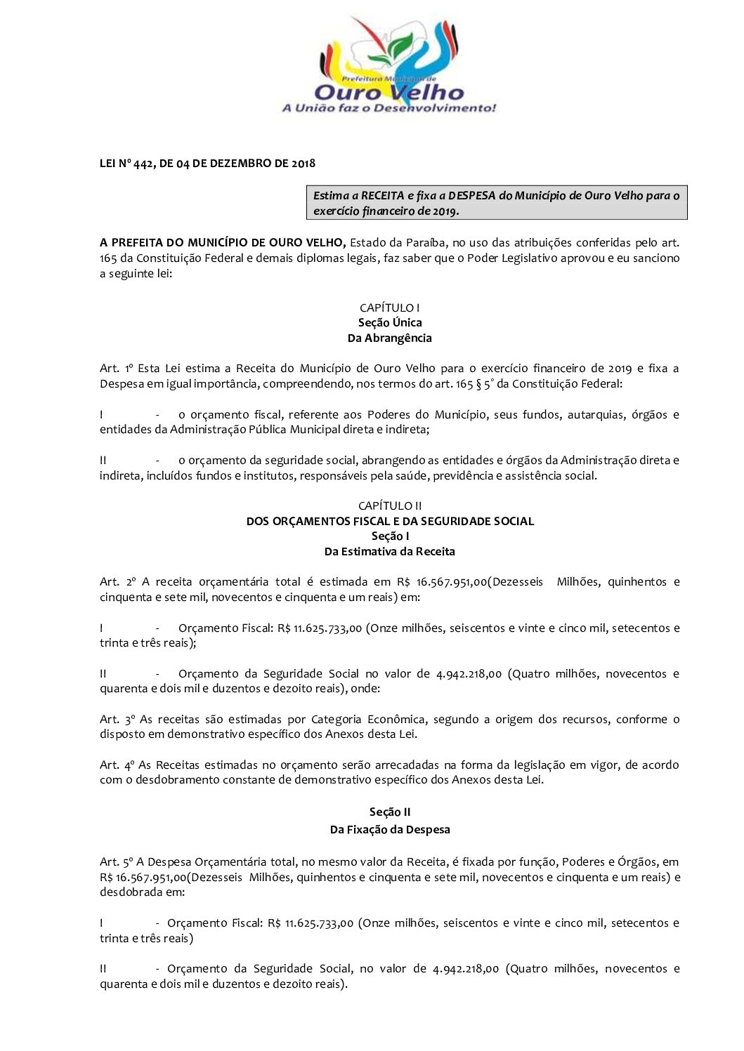 LEI ORDINÁRIA Nº 442.2018 LOA PARA O ANO DE 2019