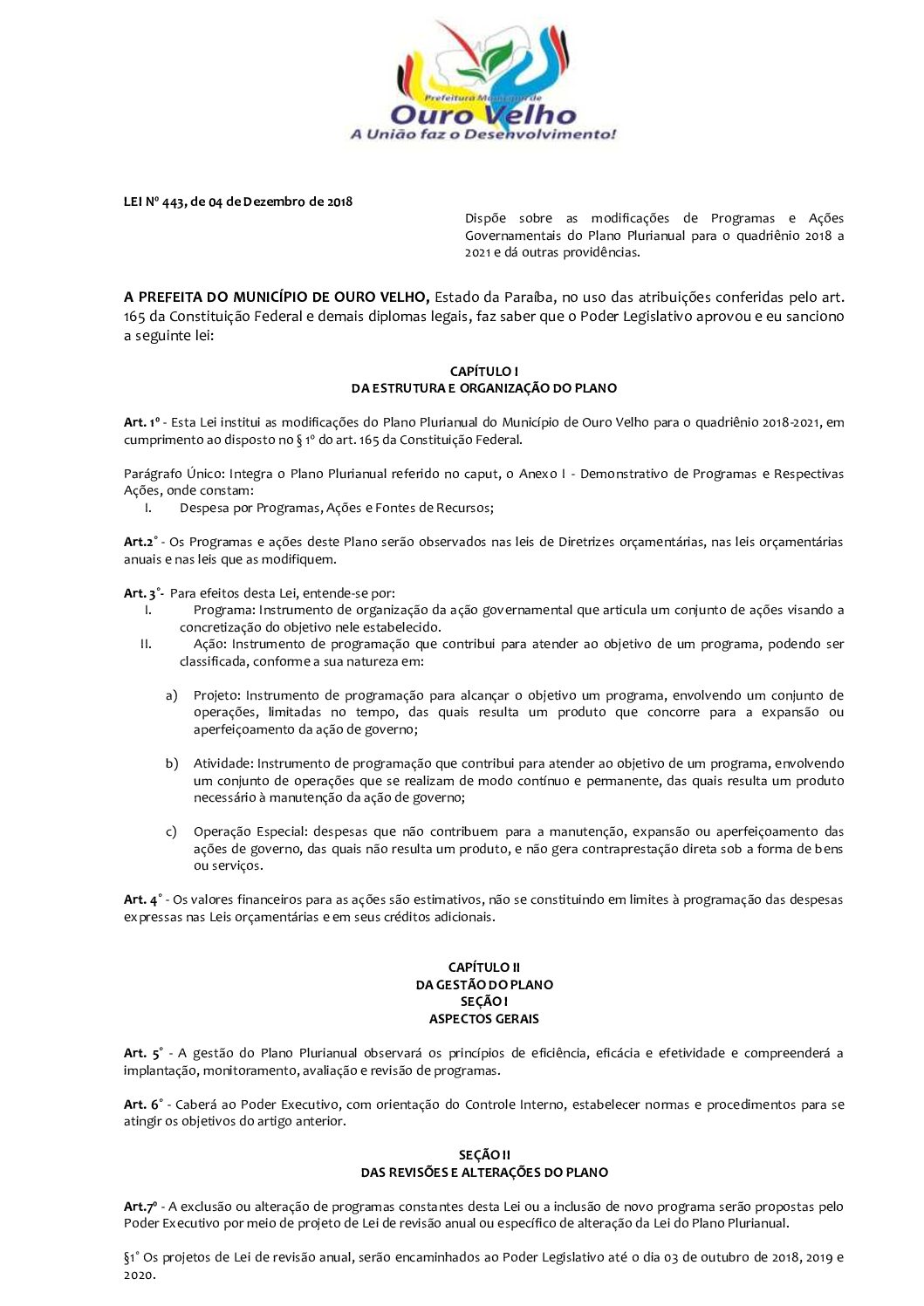 LEI ORDINÁRIA Nº 443.2018 PPA PARA O ANO DE 2019