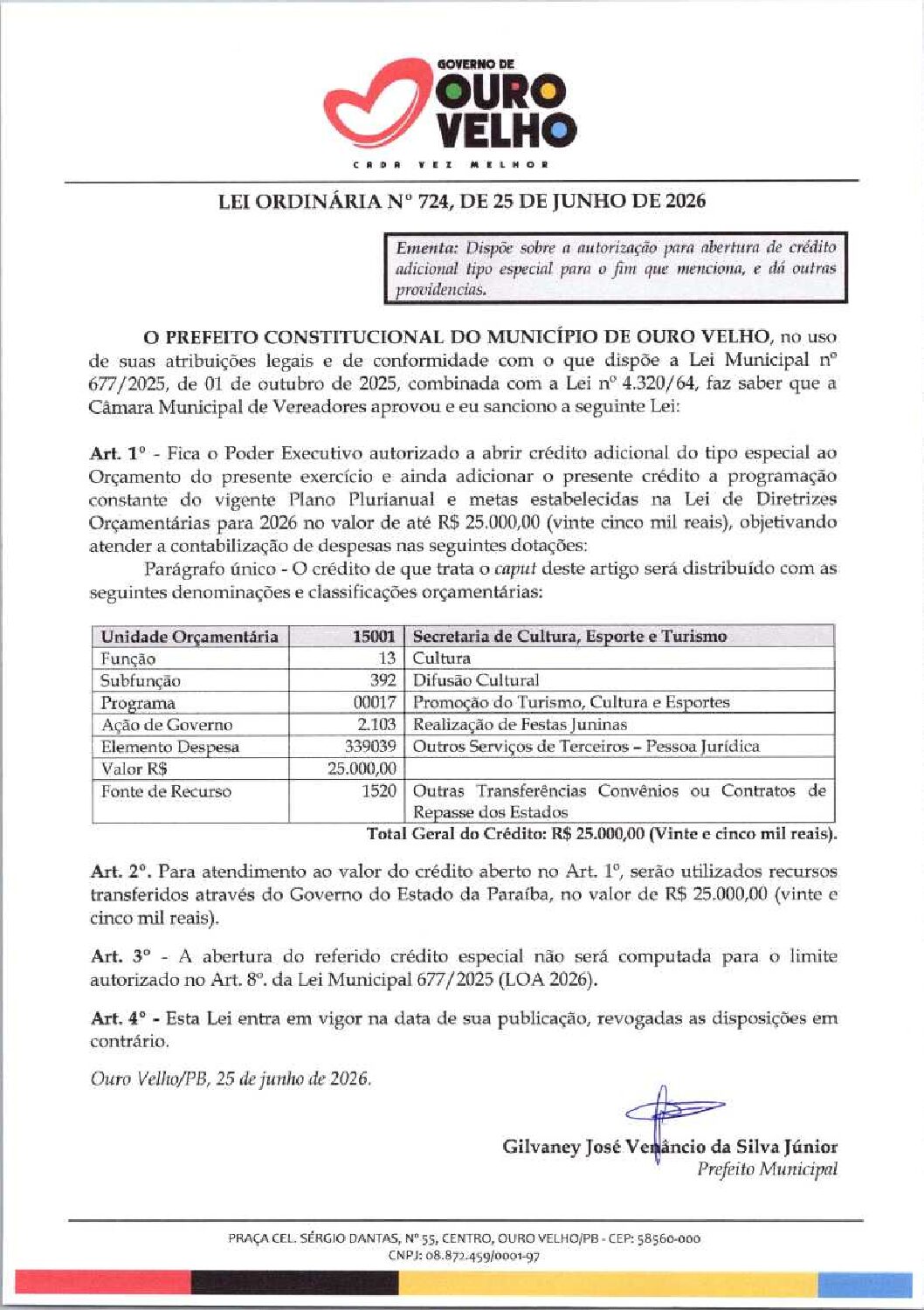 Lei Ordinária nº 724.2026 Abertura de Crédito Especial Festas Juninas Aditivo (Estado) Sec. Cultura