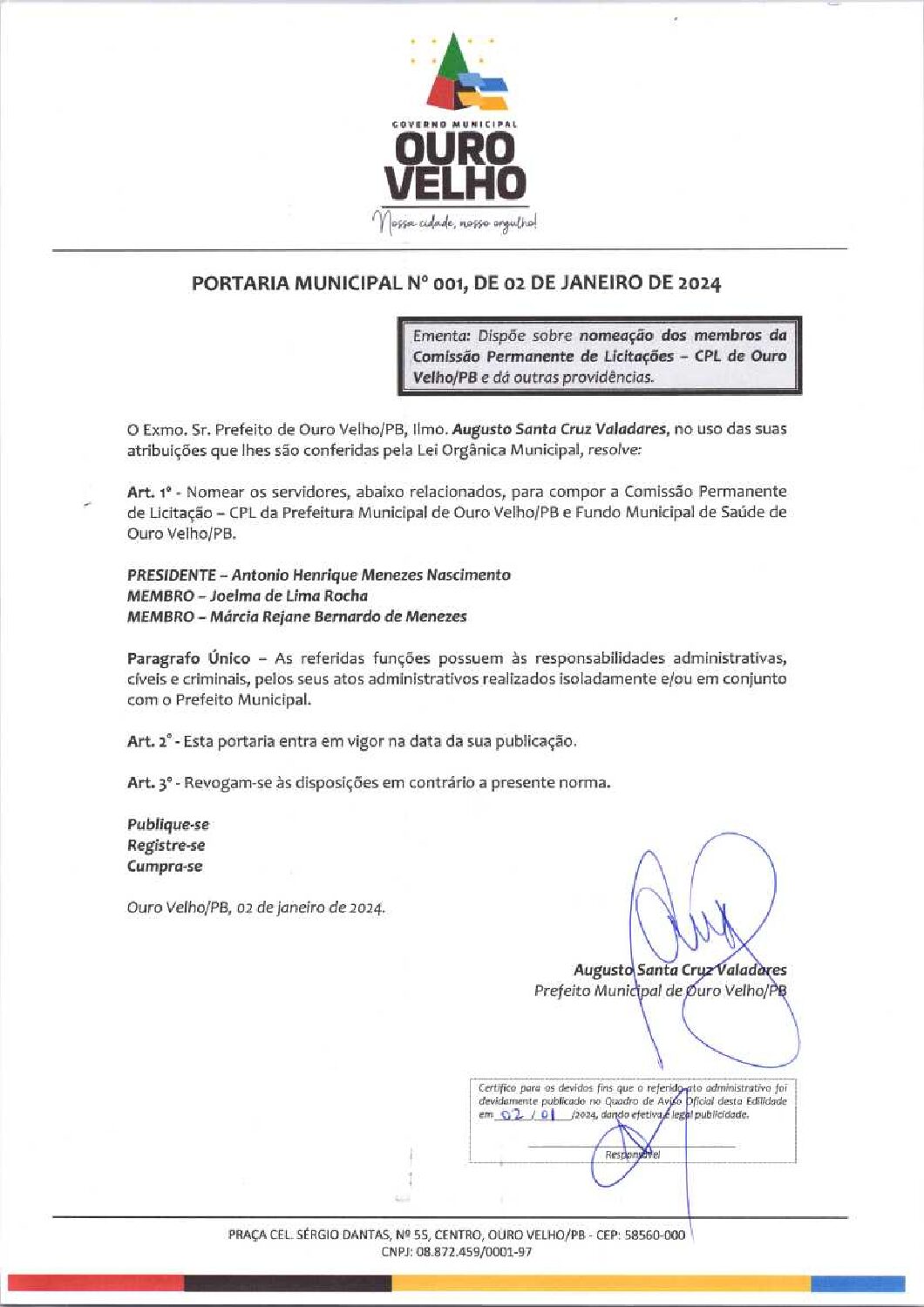 PORTARIA MUNICIPAL Nº 001, DE 02 DE JANEIRO DE 2024