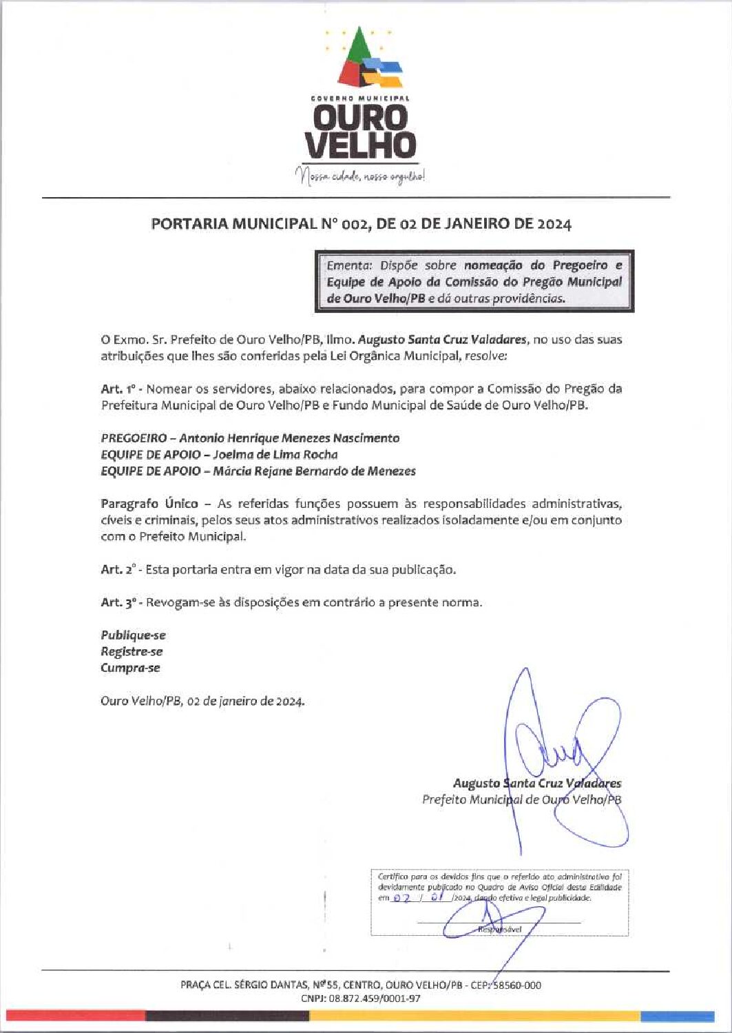PORTARIA MUNICIPAL Nº 002, DE 02 DE JANEIRO DE 2024