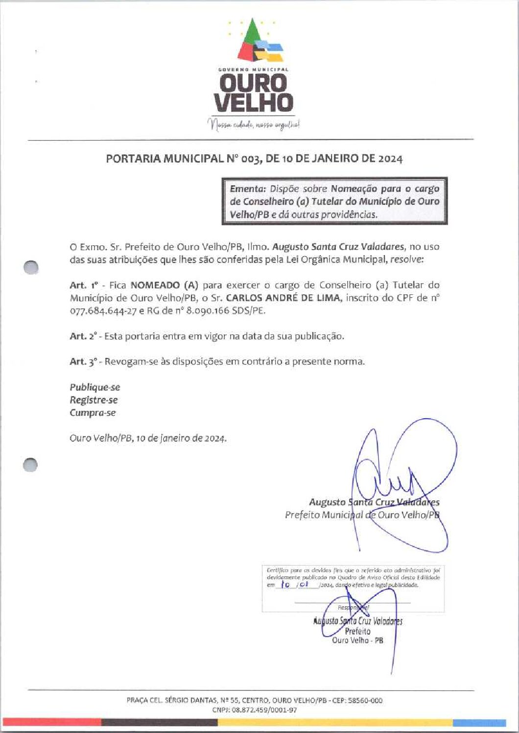 PORTARIA MUNICIPAL Nº 003, DE 10 DE JANEIRO DE 2024