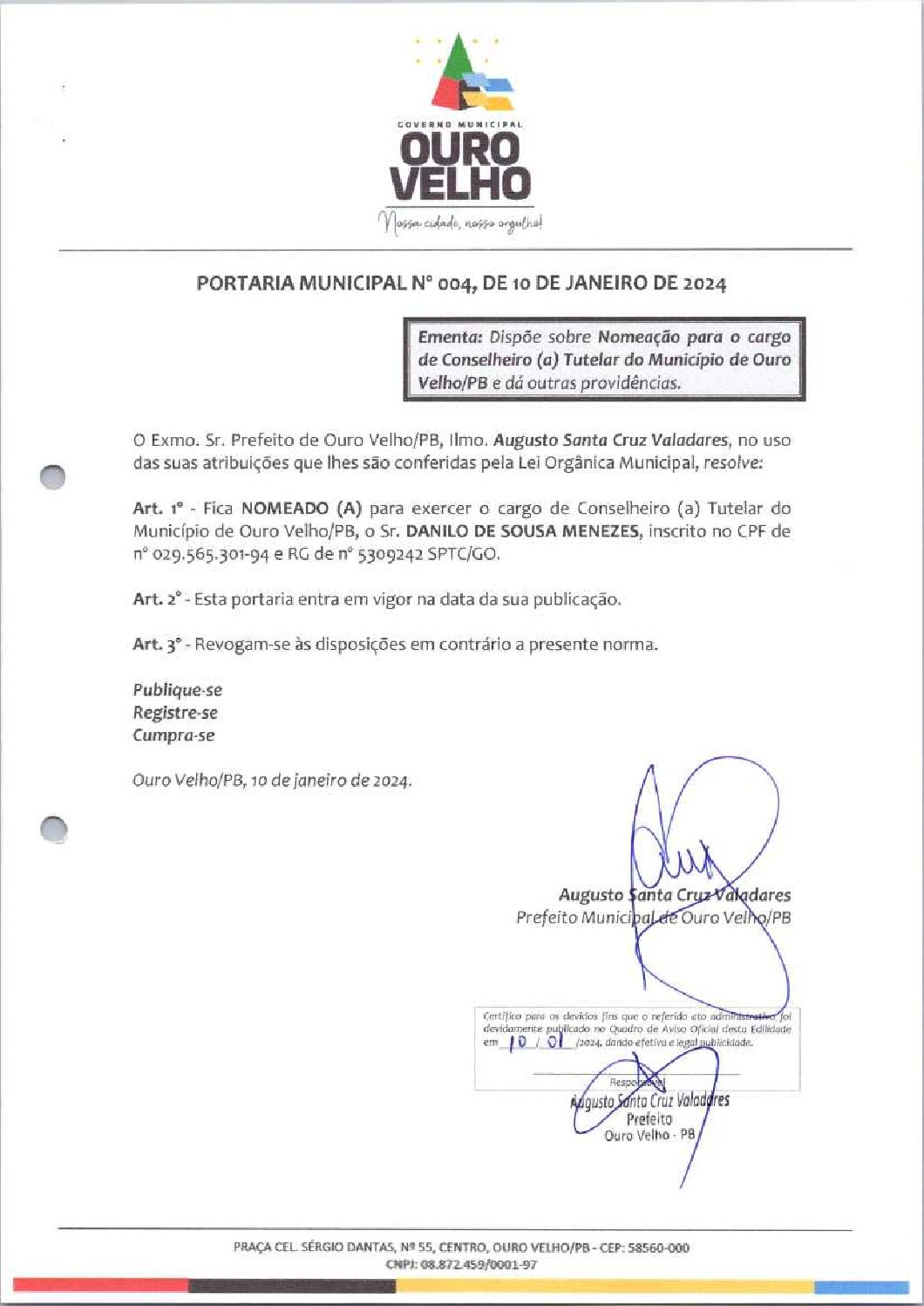 PORTARIA MUNICIPAL Nº 004, DE 10 DE JANEIRO DE 2024