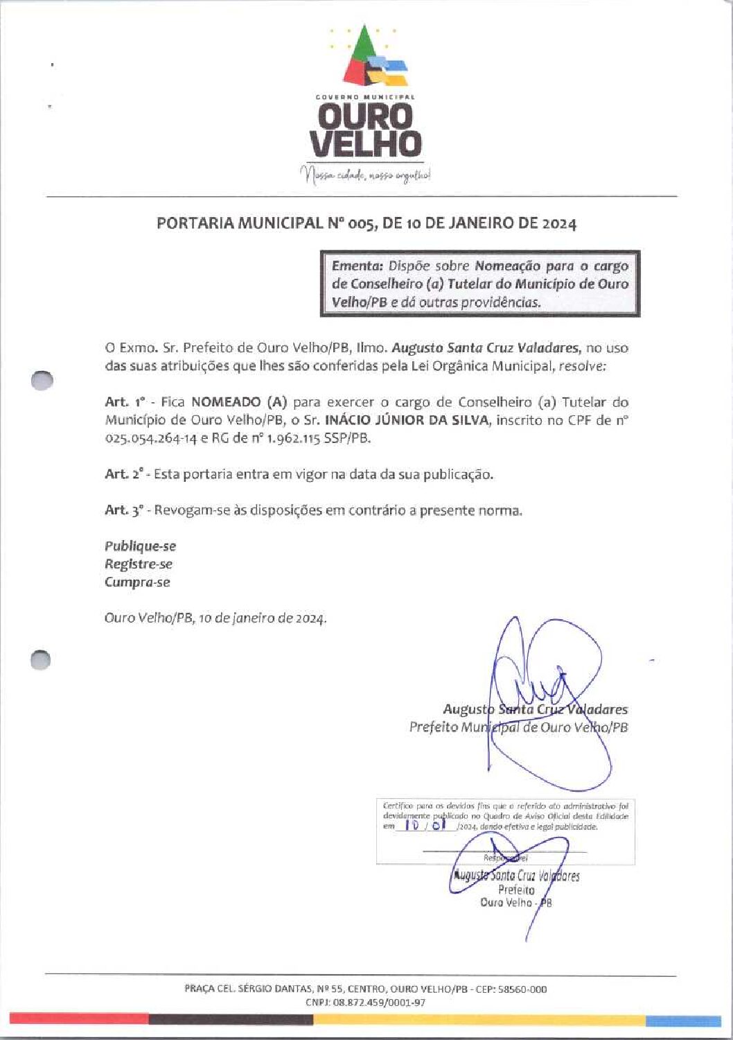 PORTARIA MUNICIPAL Nº 005, DE 10 DE JANEIRO DE 2024