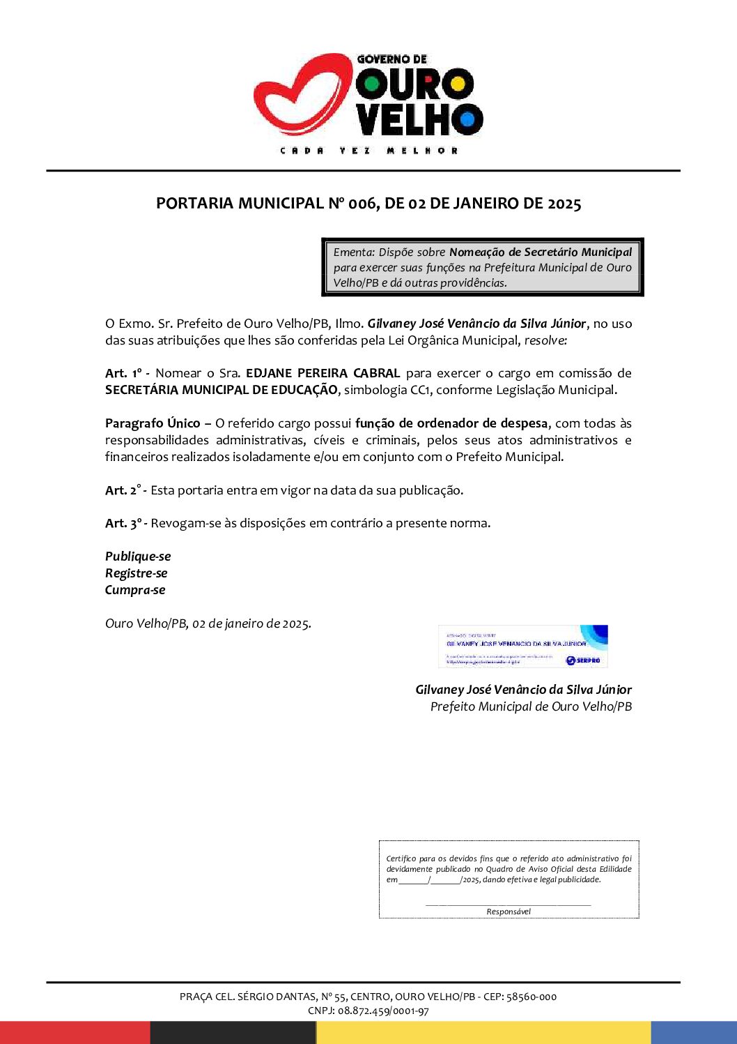 PORTARIA MUNICIPAL Nº 006 DE 02 DE JANEIRO DE 2025