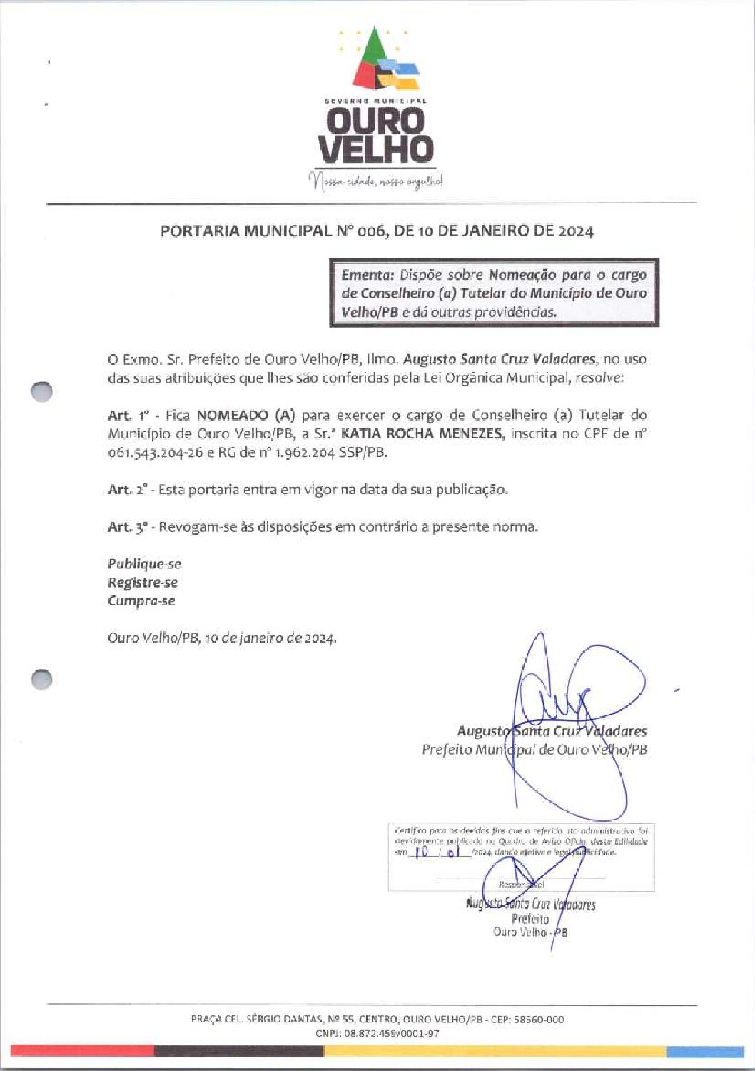 PORTARIA MUNICIPAL Nº 006, DE 10 DE JANEIRO DE 2024