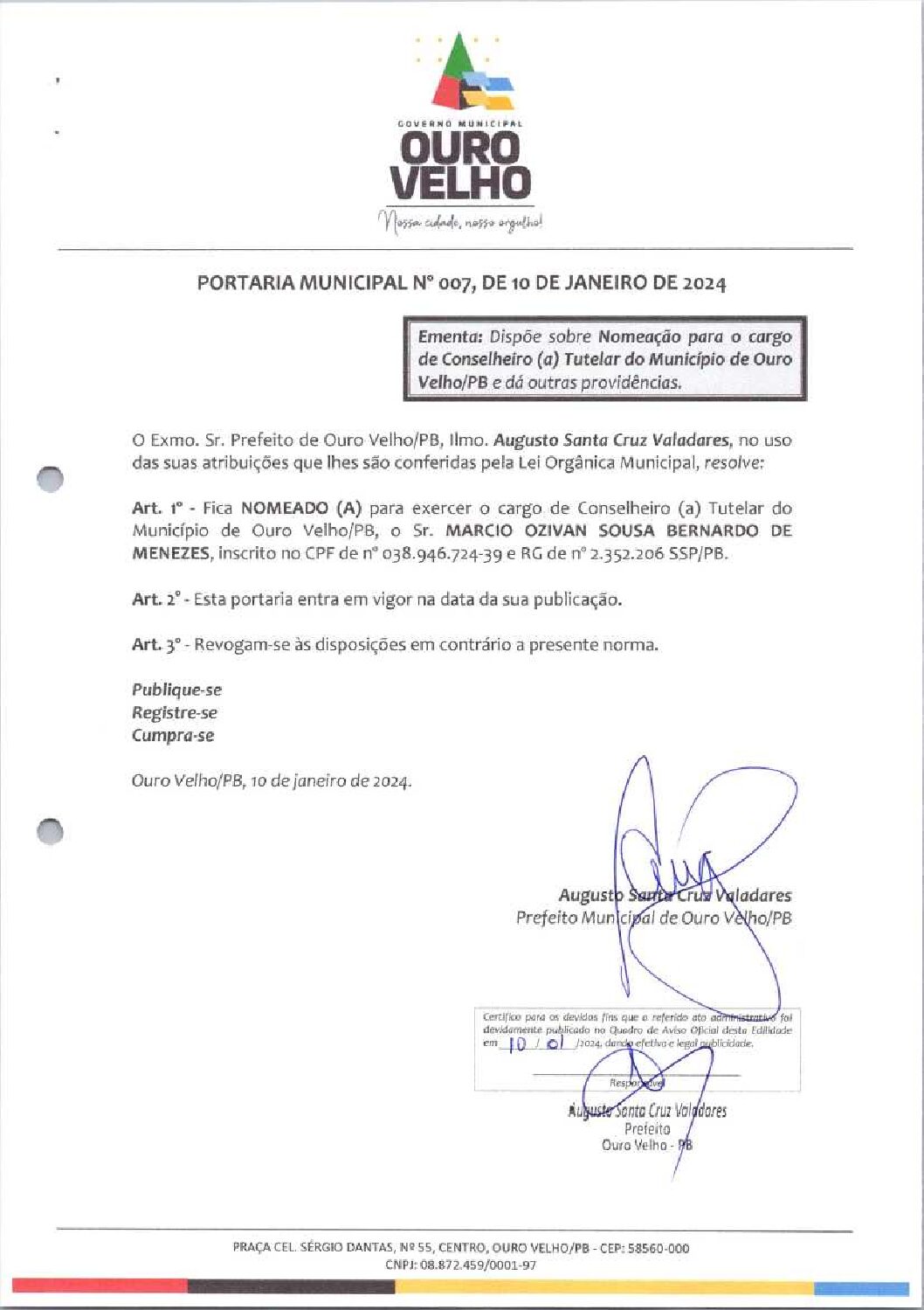 PORTARIA MUNICIPAL Nº 007, DE 10 DE JANEIRO DE 2024