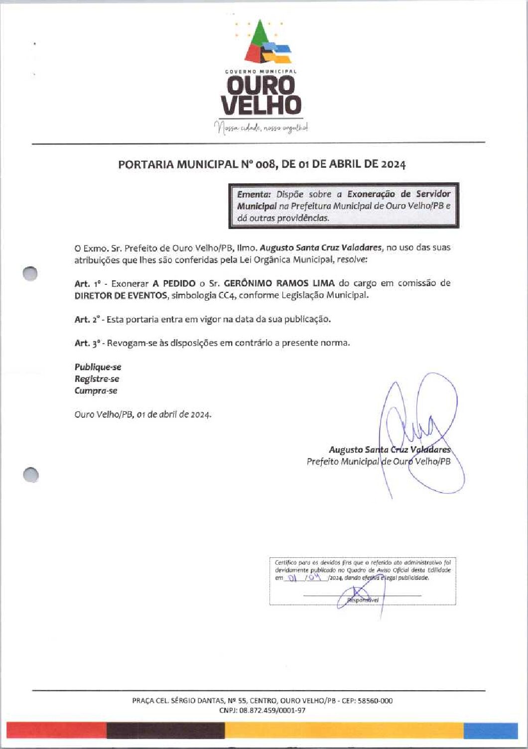 PORTARIA MUNICIPAL Nº 008, DE 01 DE ABRIL DE 2024