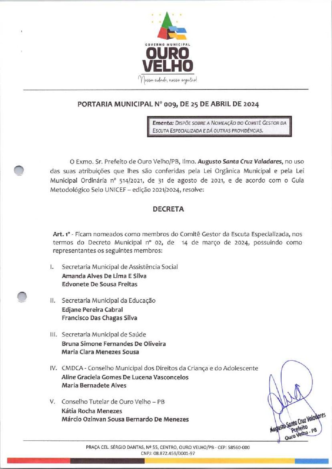 PORTARIA MUNICIPAL Nº 009, DE 25 DE ABRIL DE 2024