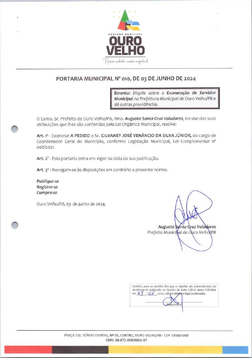 PORTARIA MUNICIPAL Nº 010, DE 03 DE JUNHO DE 2024