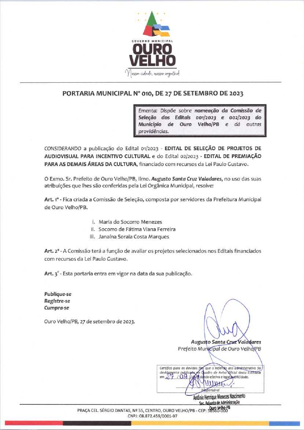 PORTARIA MUNICIPAL Nº 010, DE 27 DE SETEMBRO DE 2023