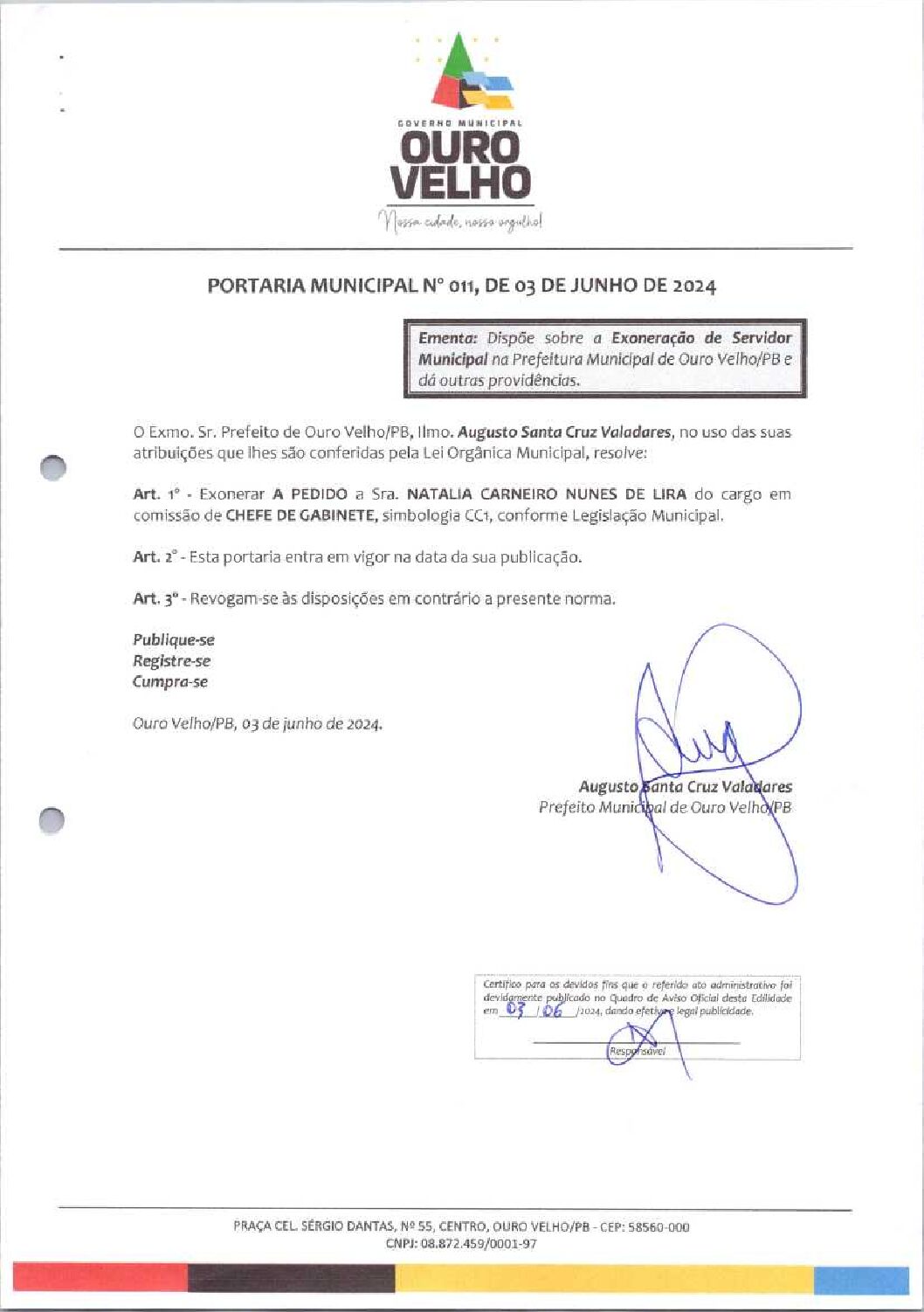 PORTARIA MUNICIPAL Nº 011, DE 03 DE JUNHO DE 2024