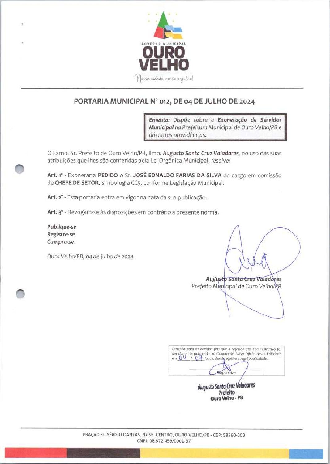 PORTARIA MUNICIPAL Nº 012, DE 04 DE JULHO DE 2024