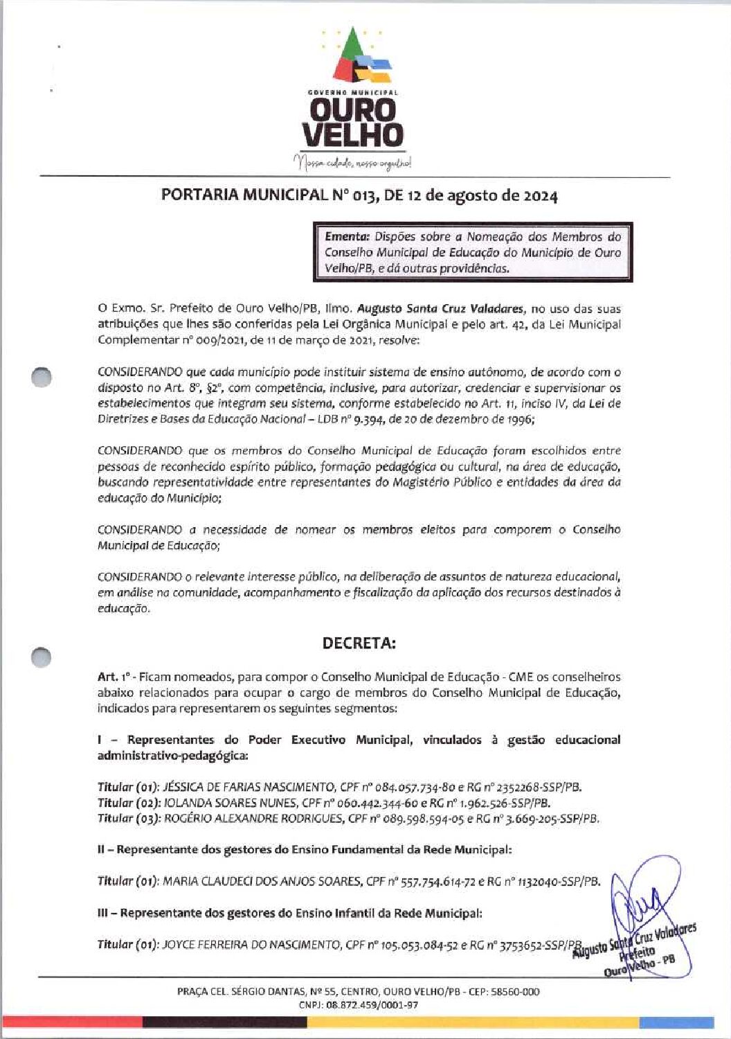 PORTARIA MUNICIPAL Nº 013, DE 12 DE AGOSTO DE 2024