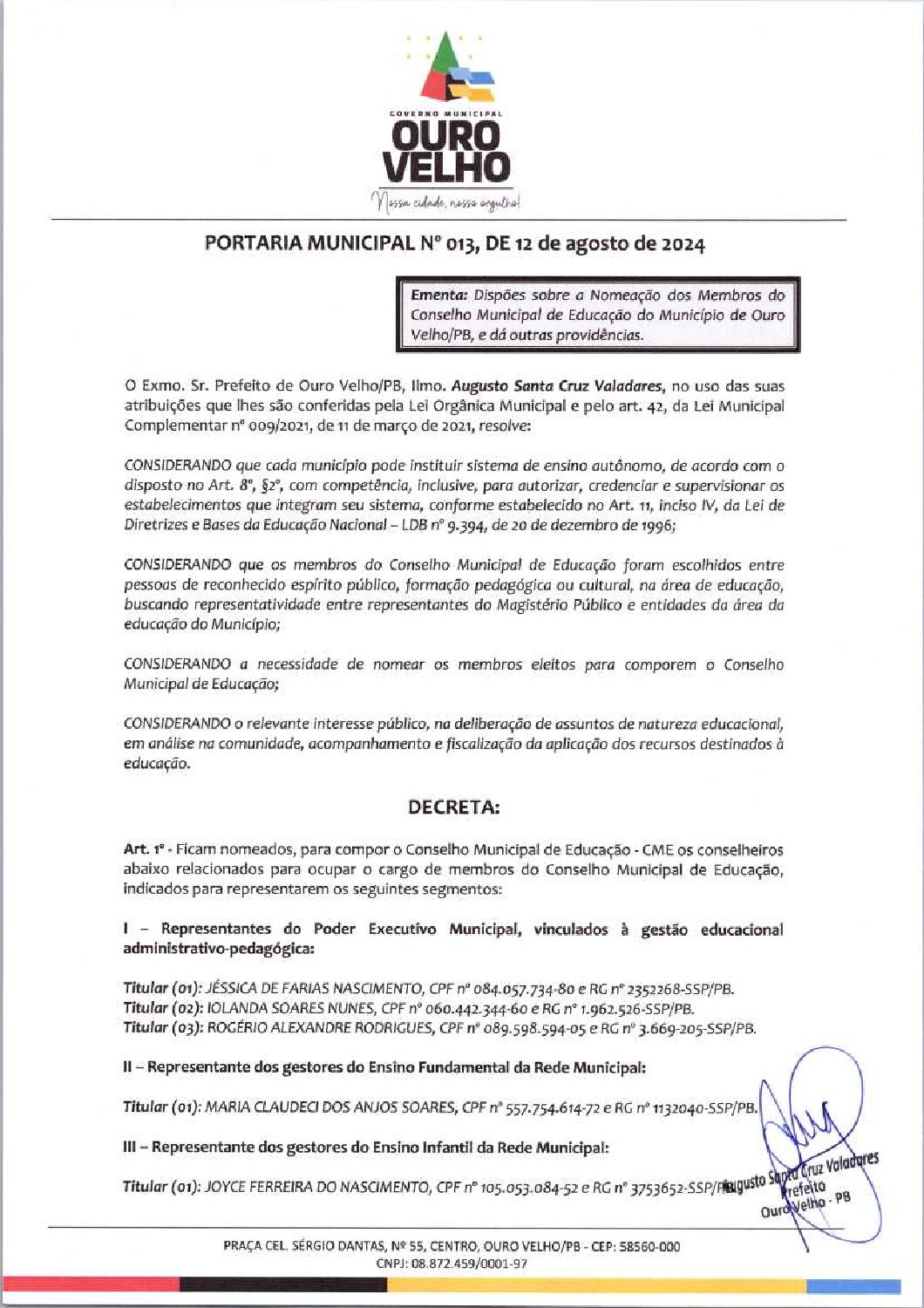 PORTARIA MUNICIPAL Nº 013.2024, DE 12 DE AGOSTO DE 2024