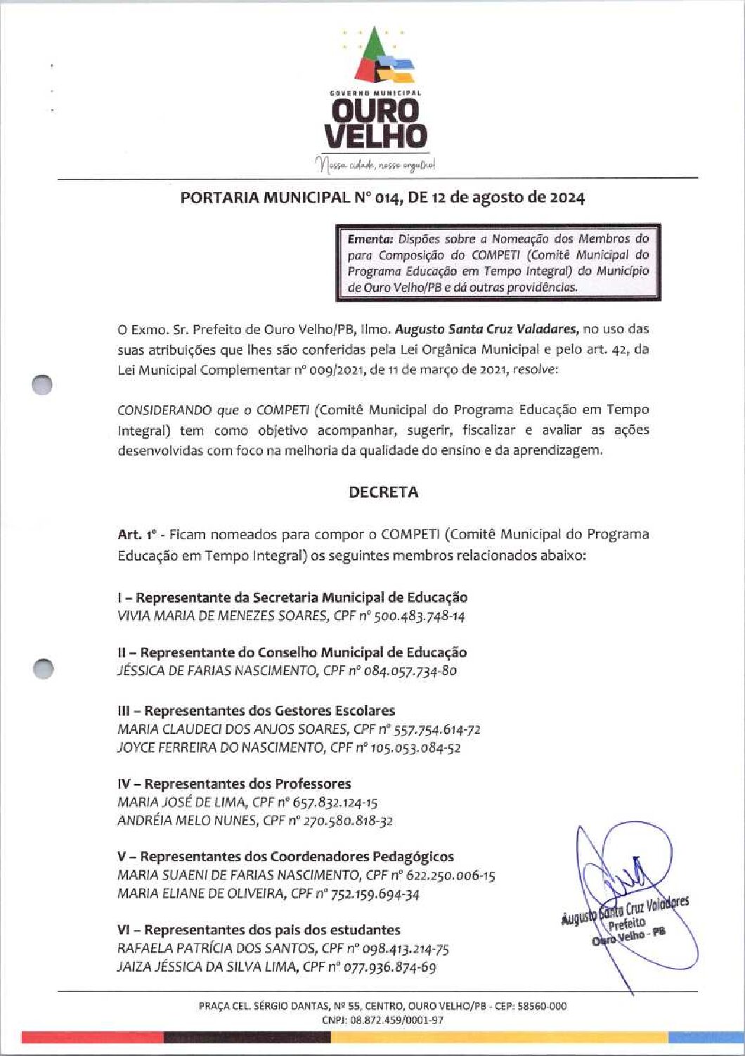 PORTARIA MUNICIPAL Nº 014, DE 12 DE AGOSTO DE 2024
