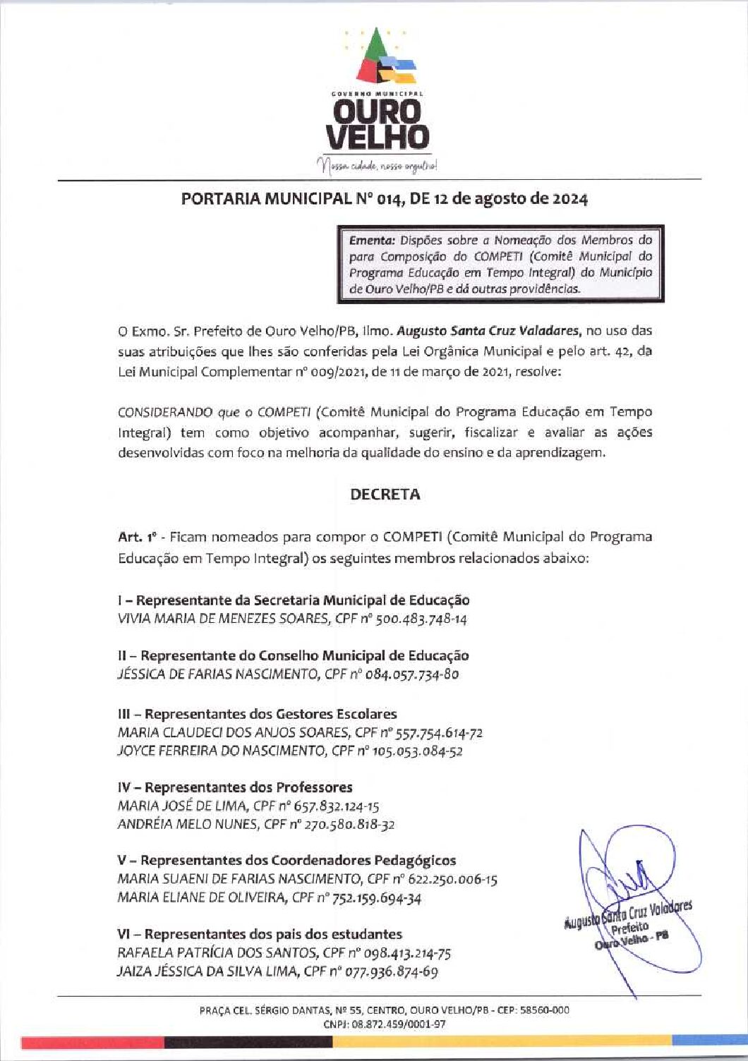 PORTARIA MUNICIPAL Nº 014.2024, DE 12 DE AGOSTO DE 2024