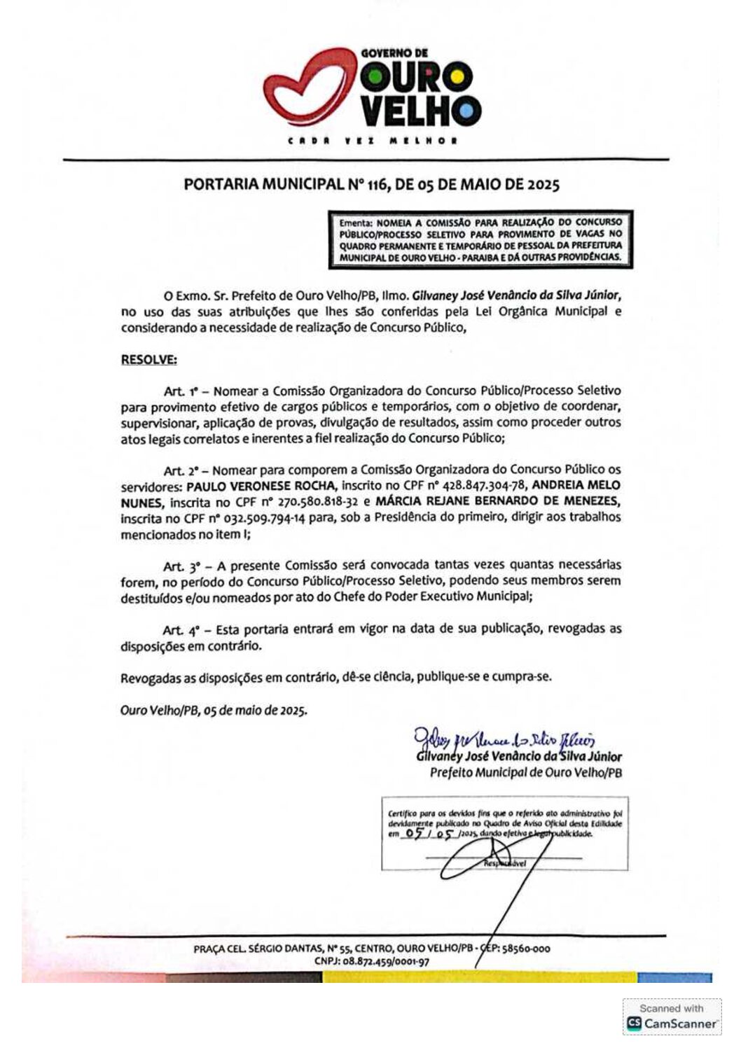 PORTARIA MUNICIPAL Nº 116, DE 05 DE MAIO DE 2025