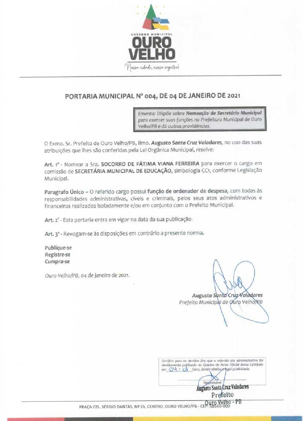 PORTARIA MUNICIPAL N° 004 DE 04 DE JANEIRO DE 2021