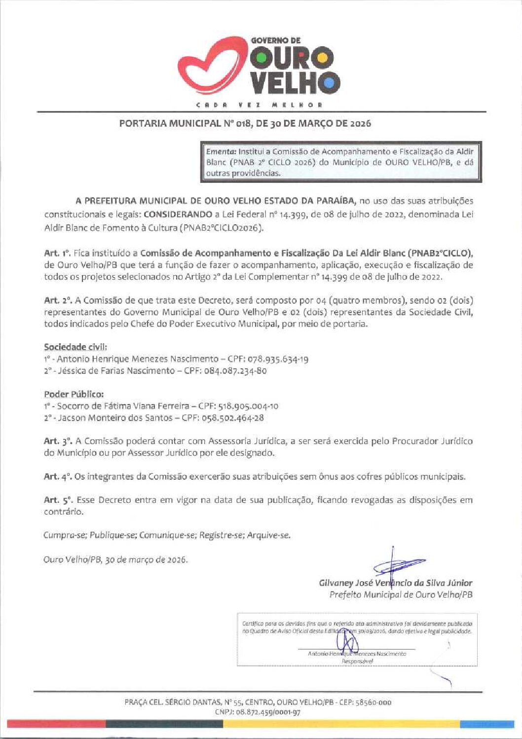 PORTARIA MUNICIPAL N°018 DE 30 DE MARÇO DE 2026 COMISSÃO DE FISCALIZAÇÃO DA LEI ALDIR BLANC (PNAB 2º CICLO)