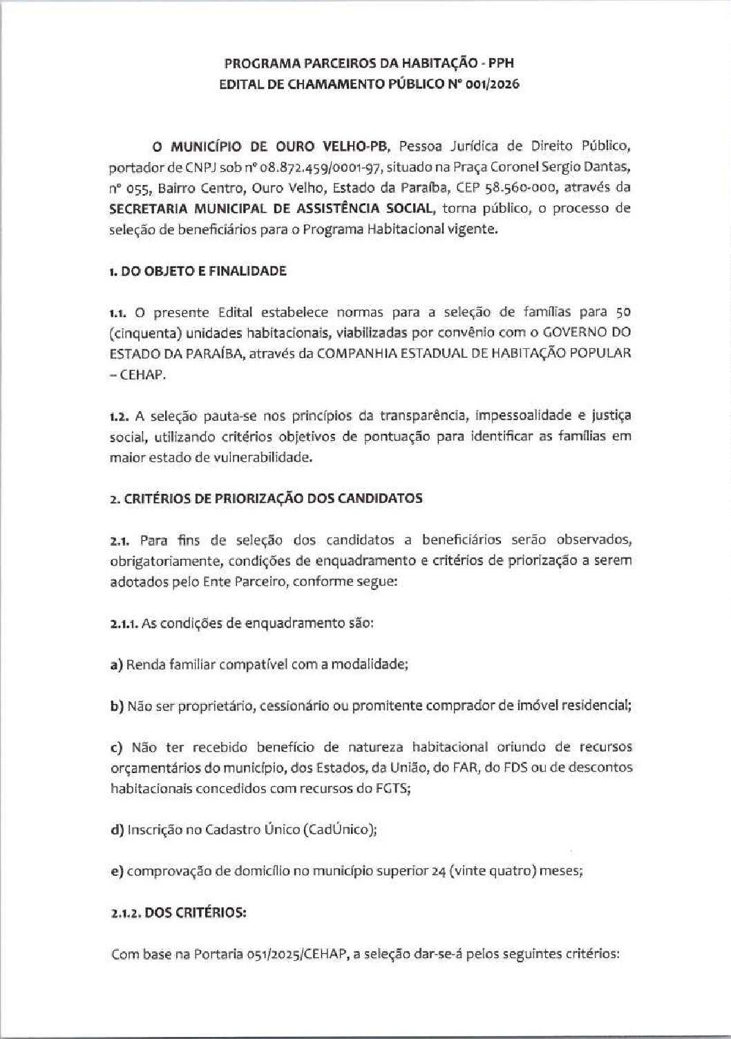Edital de Chamamento Público Nº 001.2026 Programa Parceiros da Habitação PPH