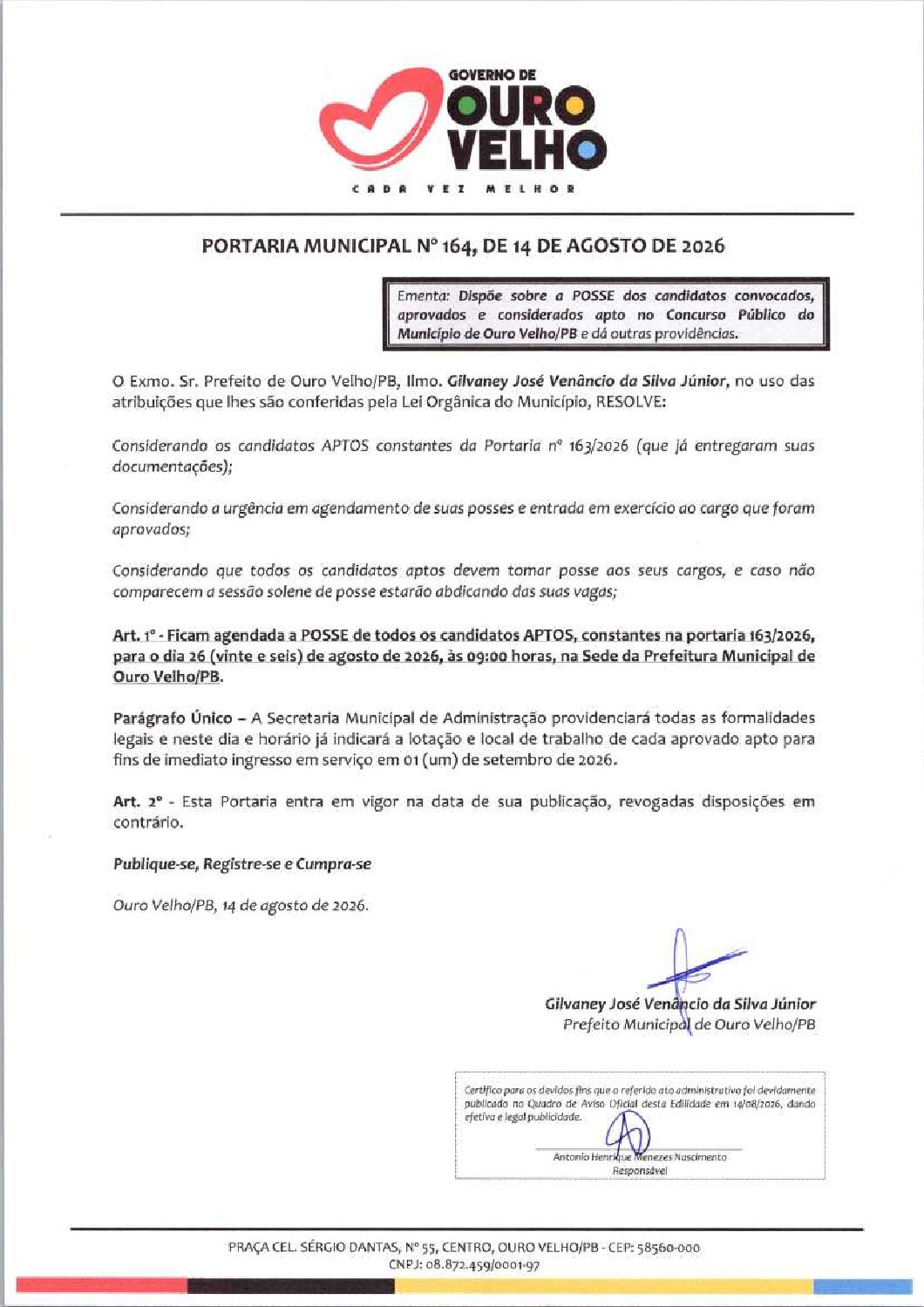 Portaria Municipal Nº 164.2026 Posse de Candidatos