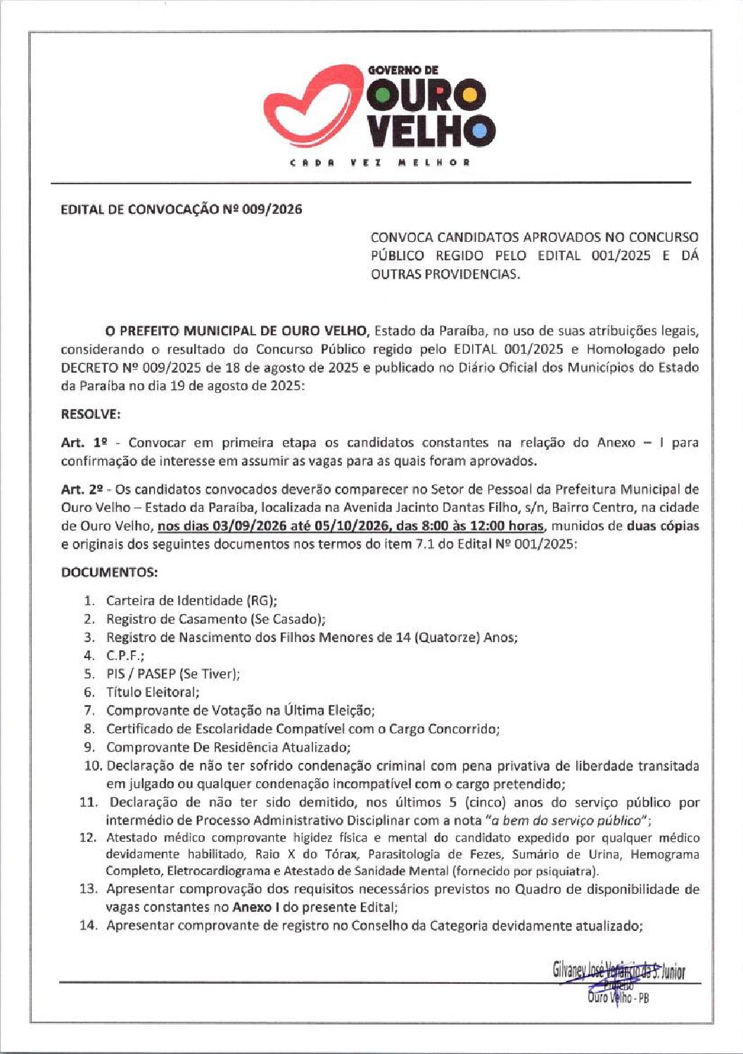 EDITAL DE CONVOCAÇÃO Nº 009/2026 CONCURSO PÚBLICO
