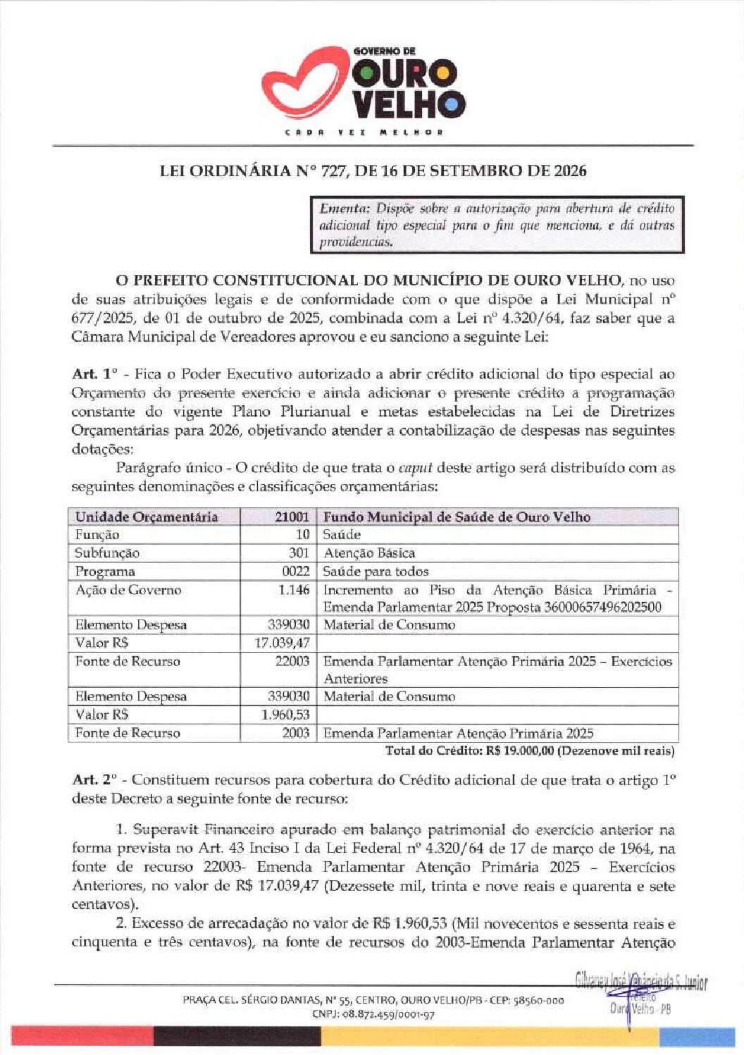 LEI ORDINÁRIA Nº 727.2026 ABERTURA DE CRÉDITO ESPECIAL EMENDA C_C 46849 5 BANCO DO BRASIL FMS