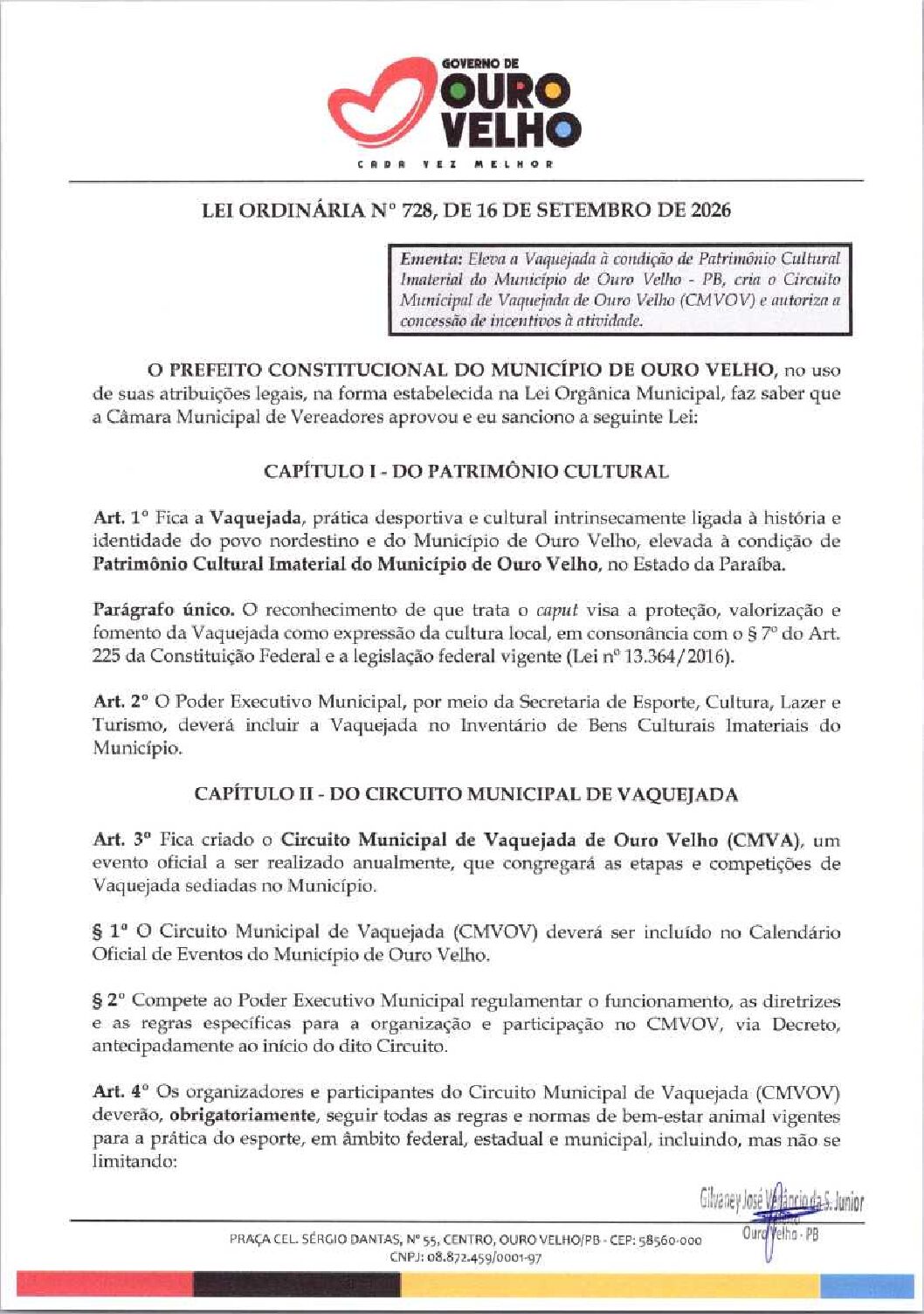 LEI ORDINÁRIA Nº 728.2026 CRIA O CIRCUITO MUNICIPAL DE VAQUEJADA