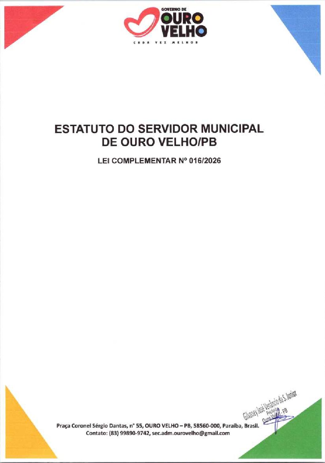 Lei Complementar nº 016.2026 Estatuto do Servidor Público Ouro Velho
